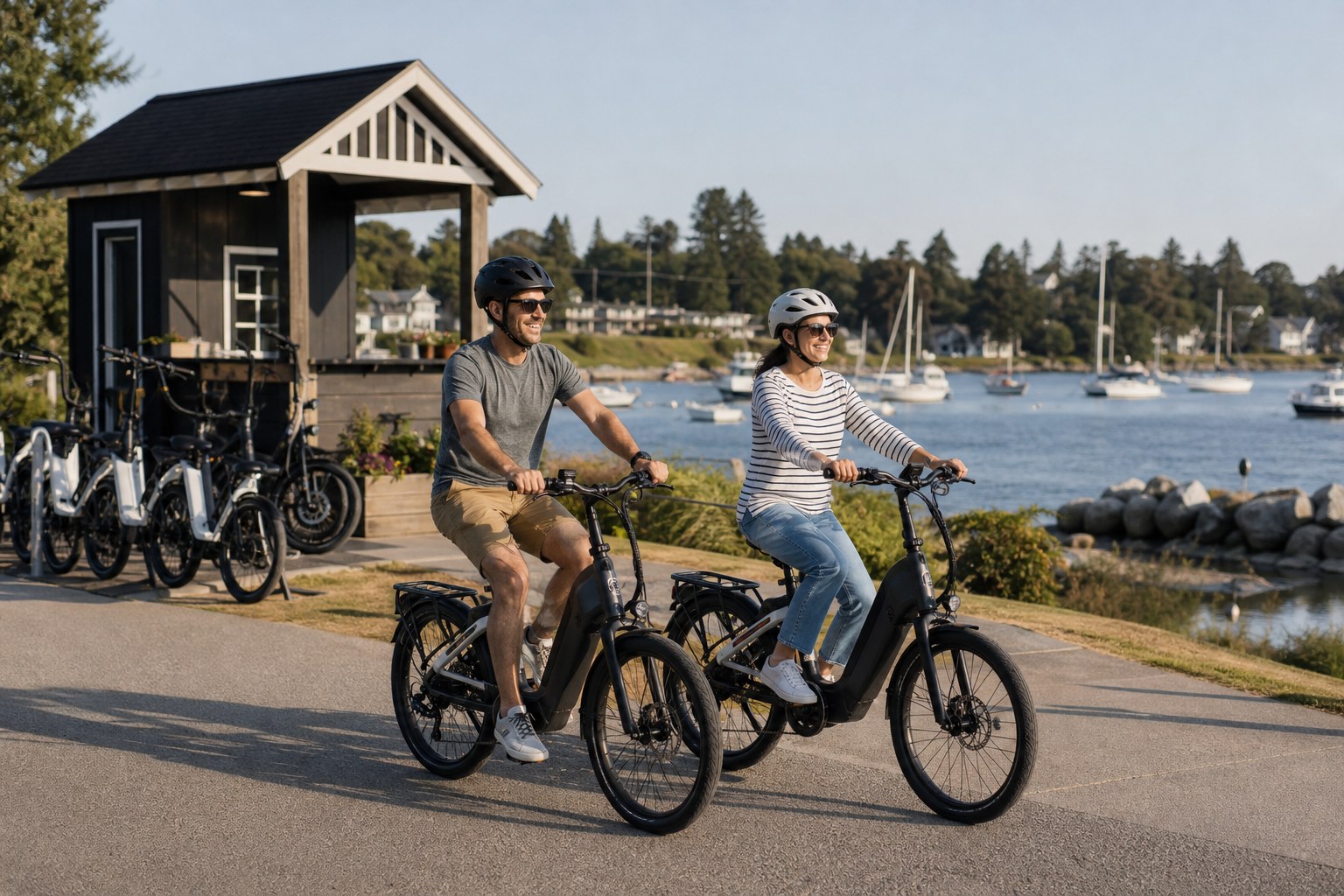 Two guests riding electric bikes beside a waterfront rental kiosk