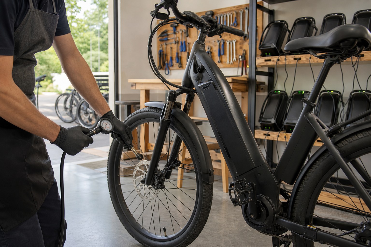 Rental technician checking an electric bike before a guest ride
