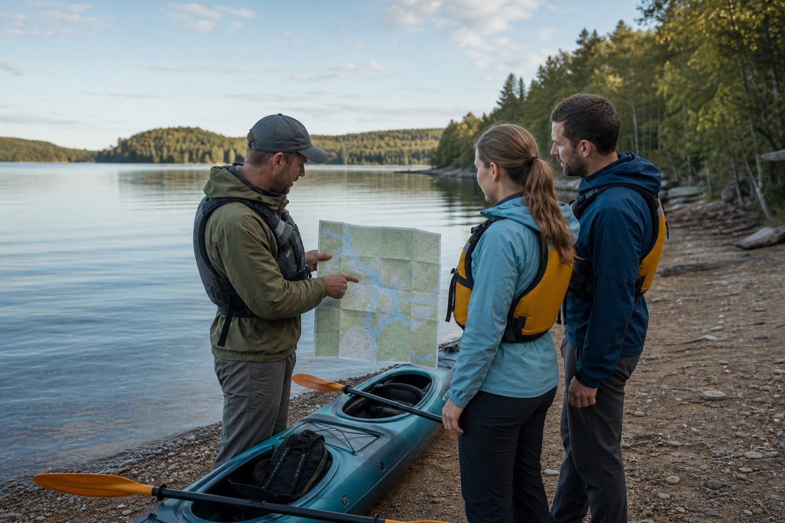 Rental guide reviewing a route map with two kayak guests beside a calm lake