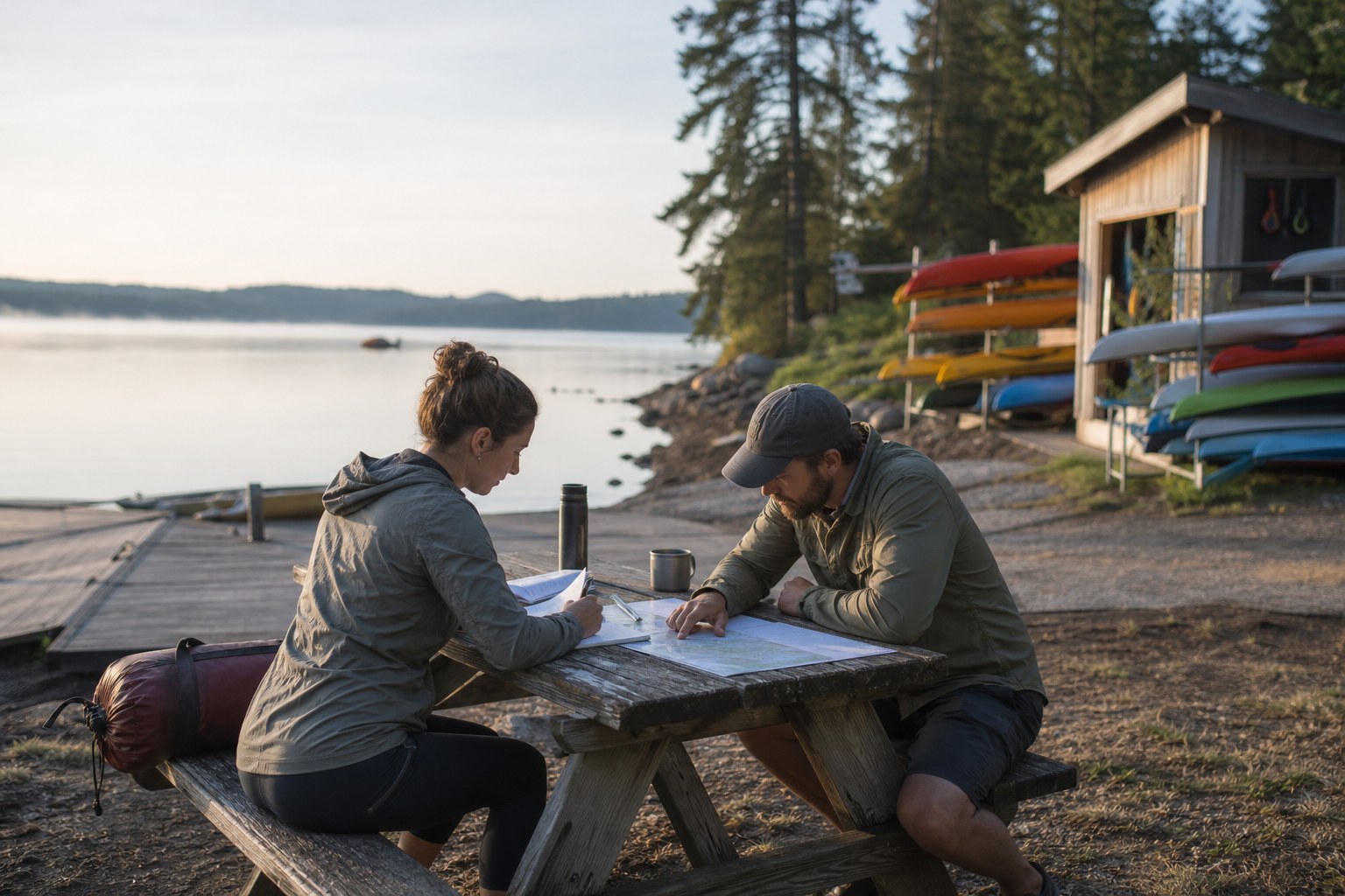 Outdoor rental operators reviewing a plan beside a lakeside kayak launch