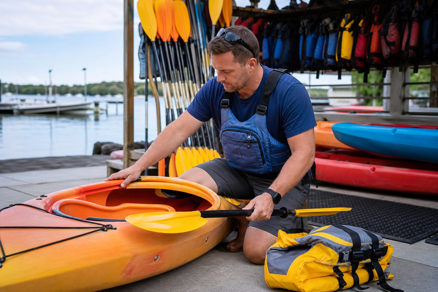 Rental operator checking a kayak, paddle, and life jacket before a guest handoff
