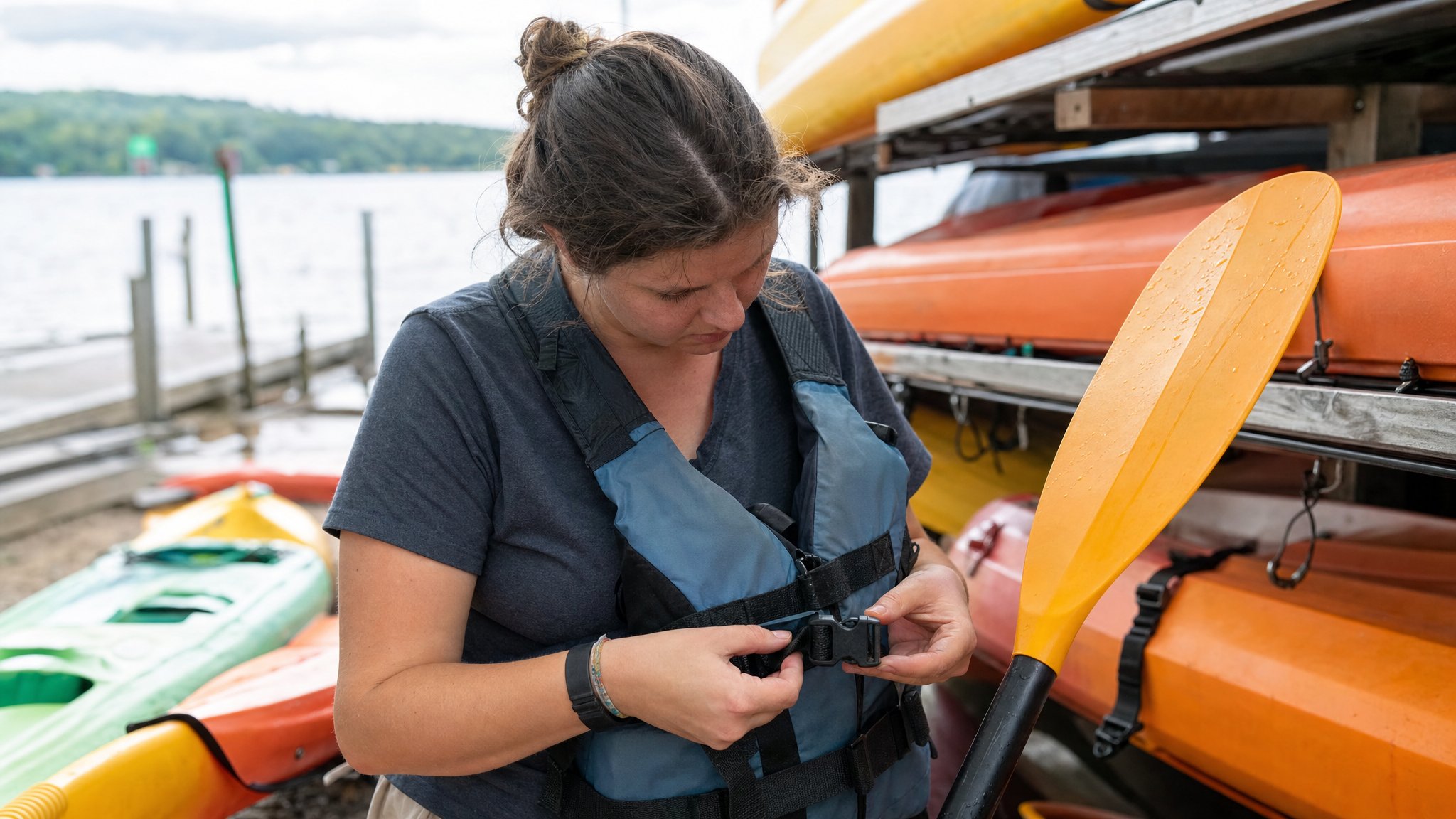 Rental team member checking a life jacket beside stored kayaks