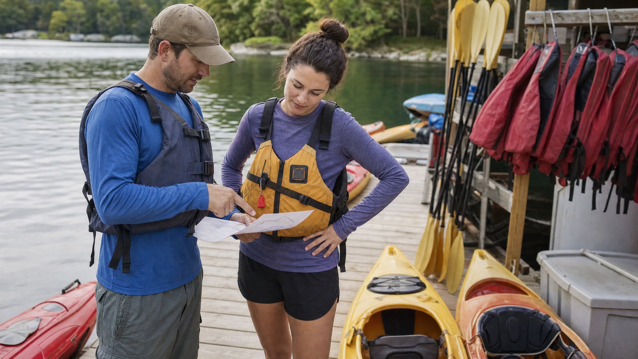 Rental guide reviewing a route map with a kayak guest before launch