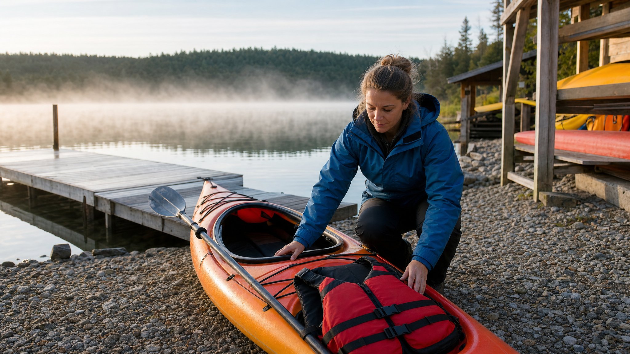 Rental operator checking a kayak and life jacket beside a lakeside dock