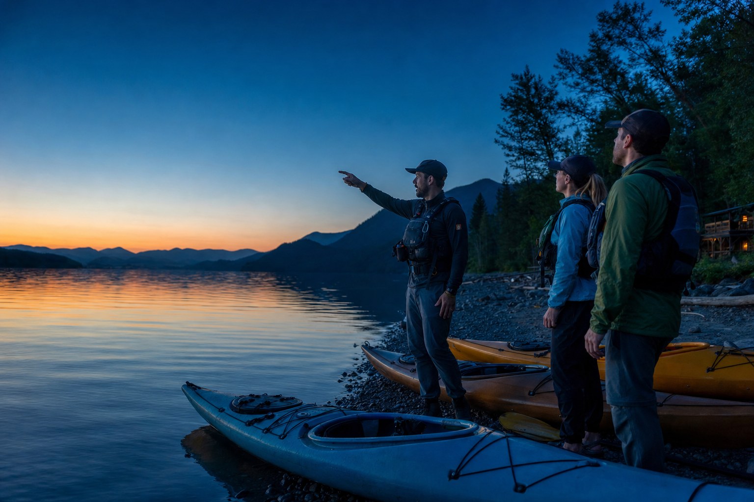 Outdoor guide helping renters prepare kayaks at a lake launch