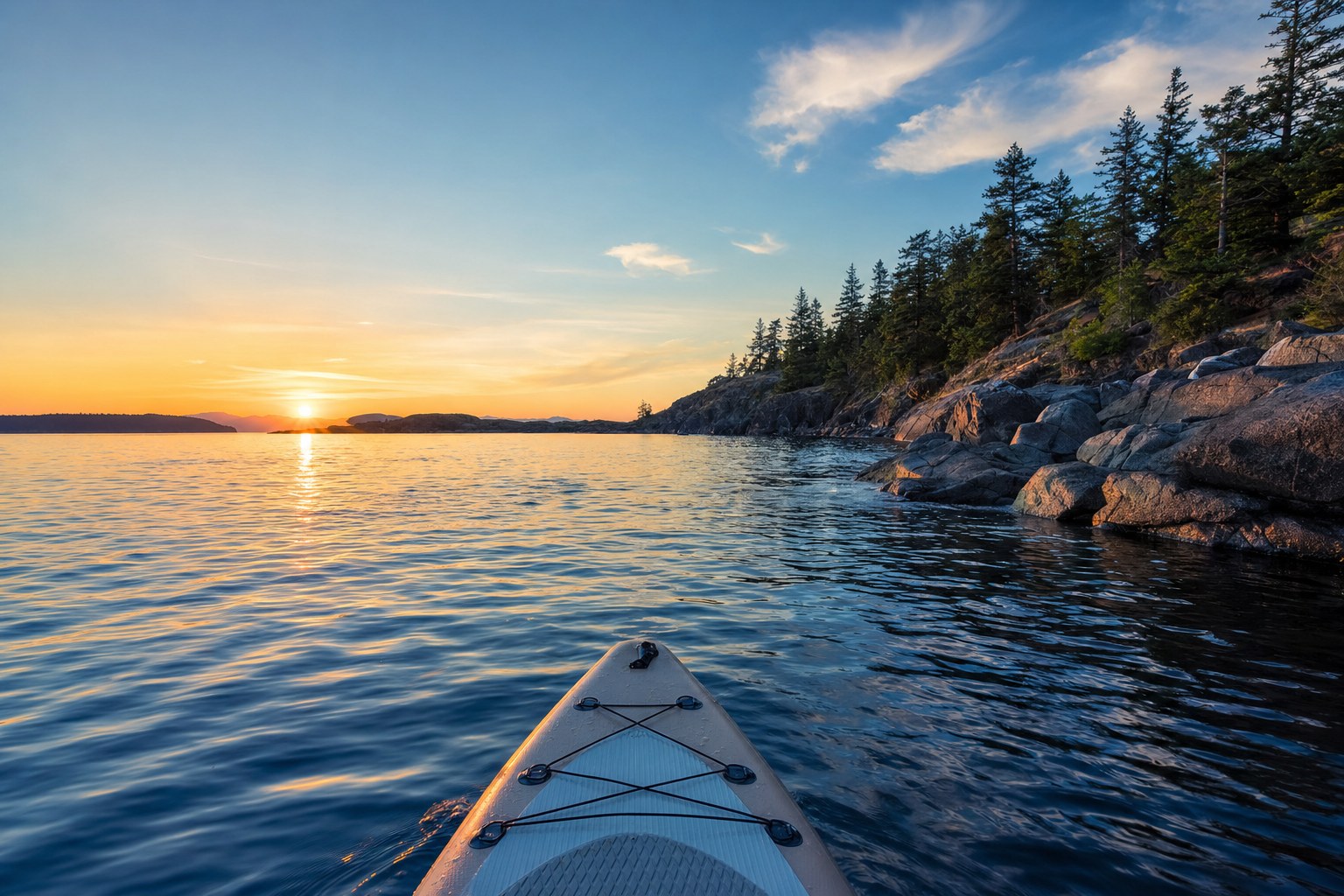 Paddleboard approaching a coastal cove at sunset