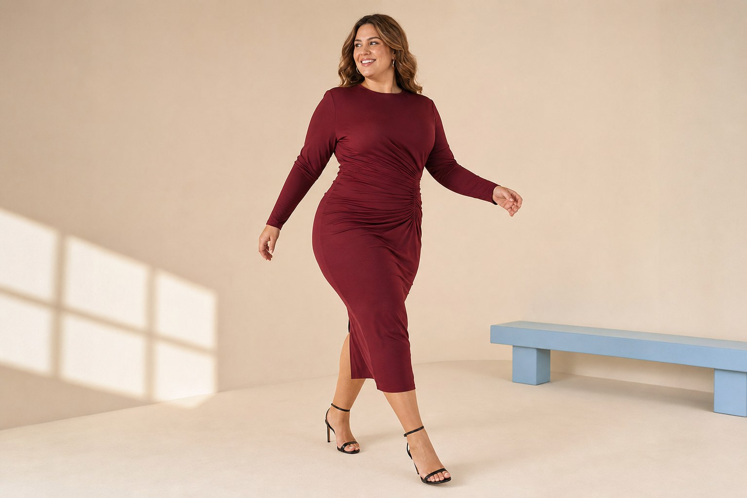 Woman walking comfortably in a berry bodycon midi dress