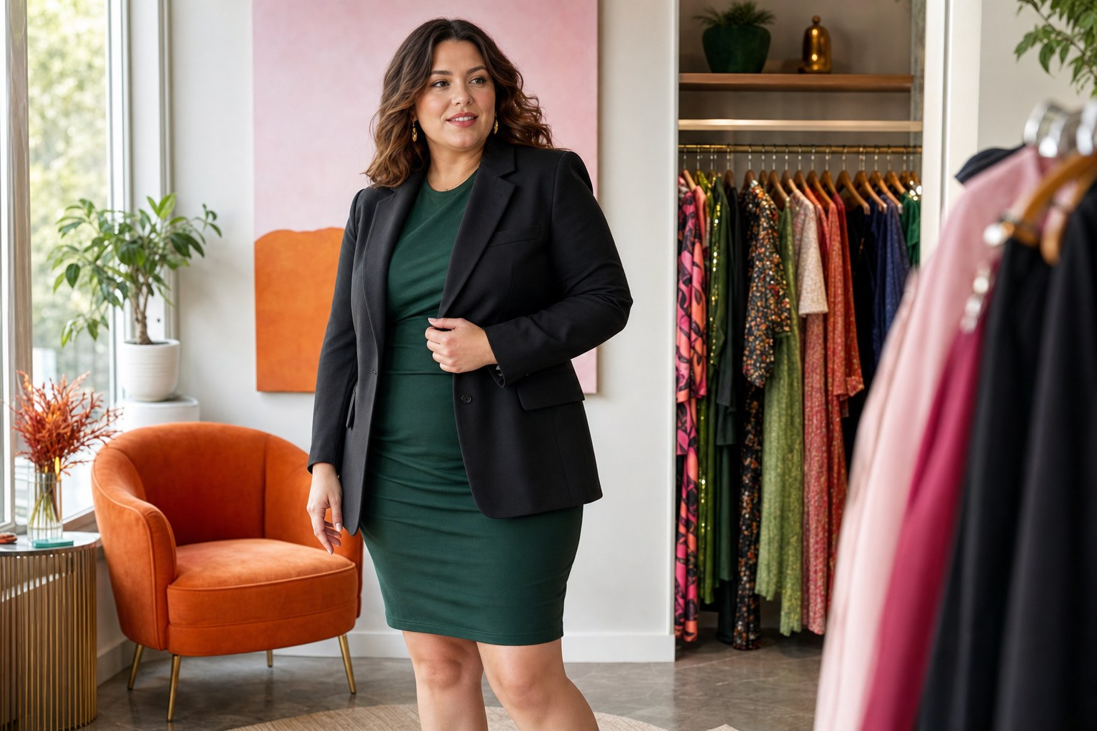 Woman wearing a green bodycon dress with a black blazer