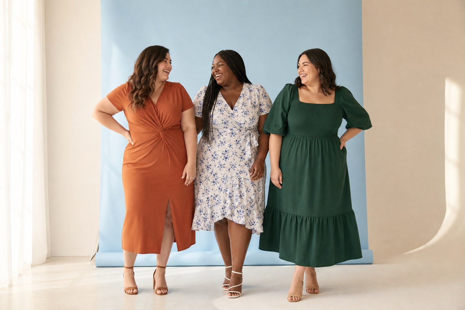 Three women wearing different dress silhouettes in a bright studio
