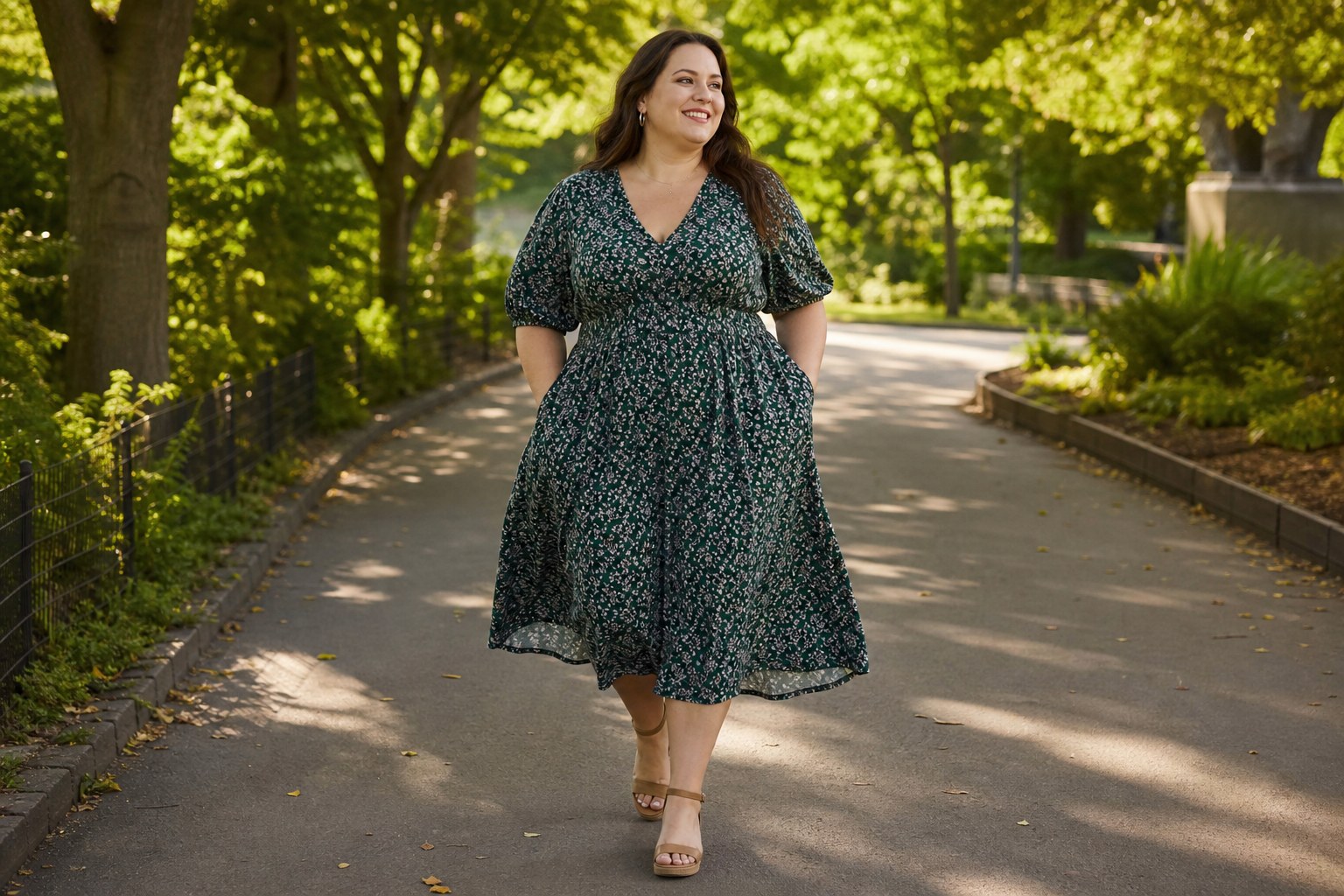 Woman walking in a flowing green midi dress on a park path