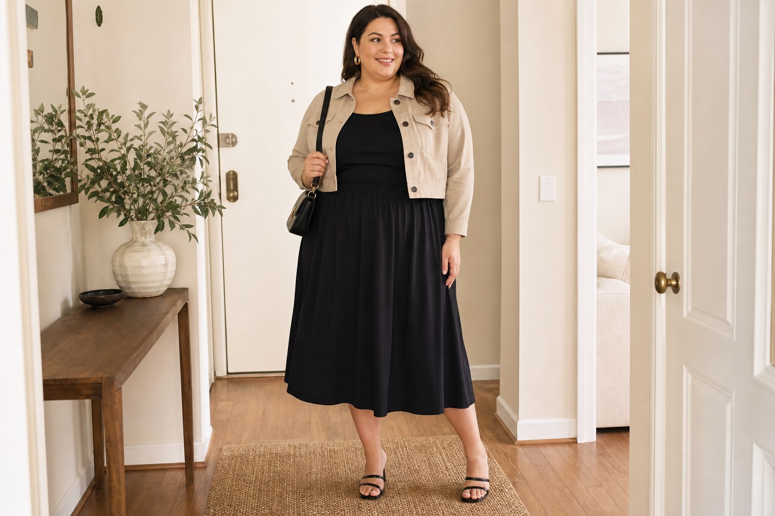 Woman styling a black midi dress with a cropped jacket and shoulder bag
