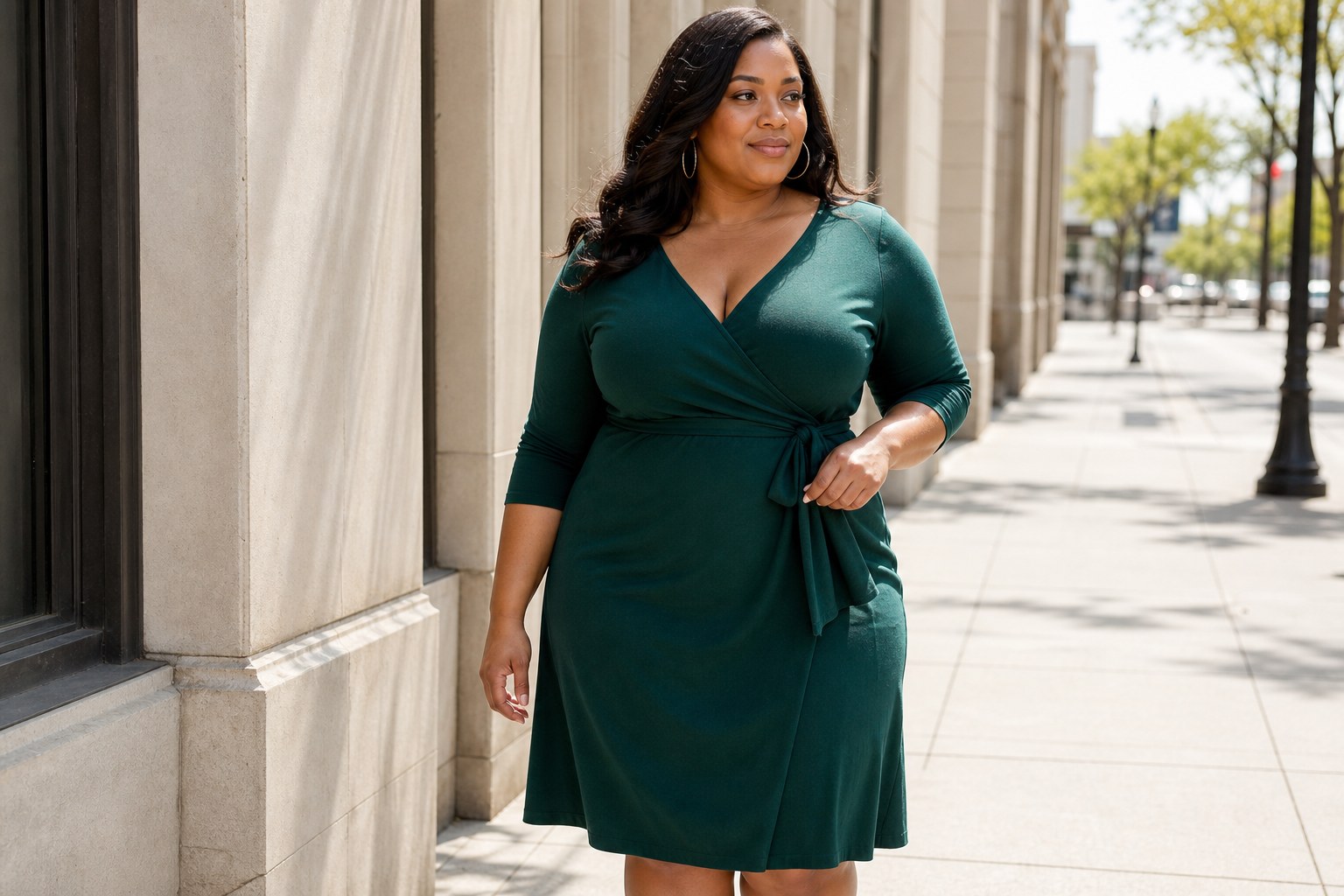Woman wearing a green wrap dress with a V neckline and waist tie