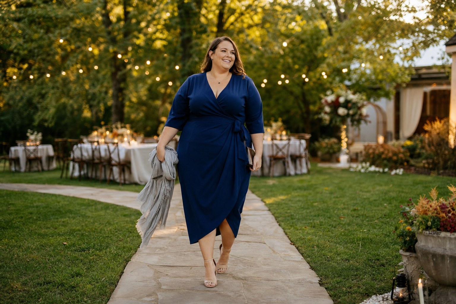 Woman in a blue wrap dress walking comfortably toward an outdoor wedding reception