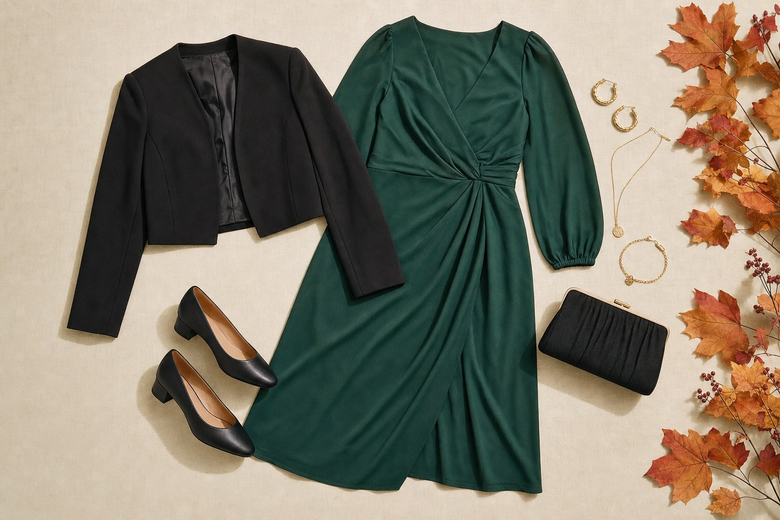 Emerald wrap dress styled with a cropped black jacket, low heels, and simple jewelry