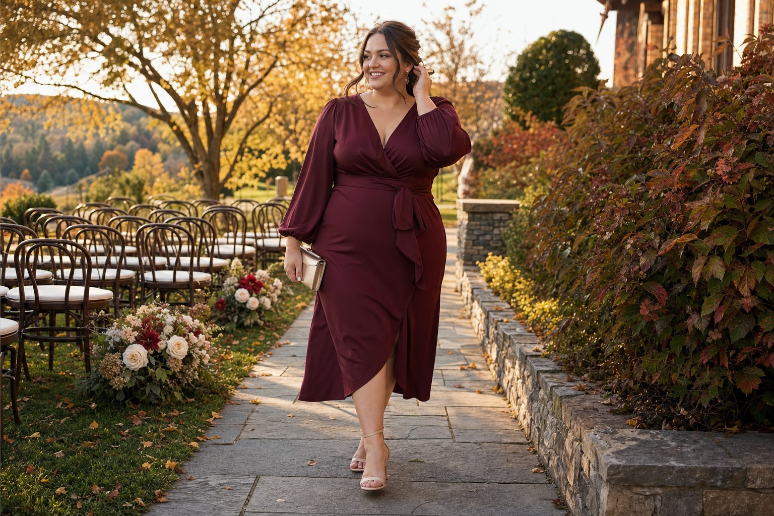 Woman in a burgundy wrap dress arriving at an outdoor fall wedding