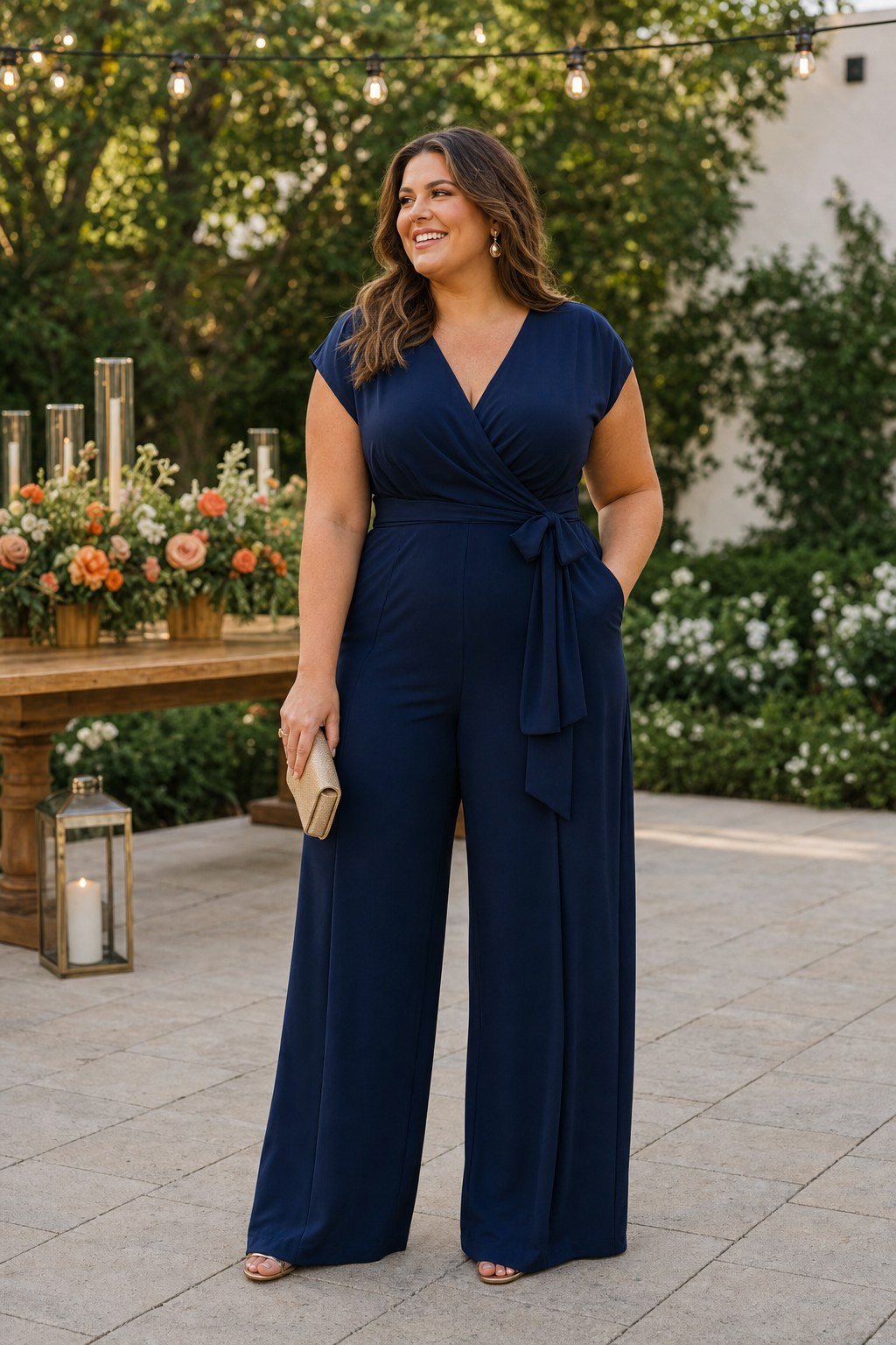 Wedding guest wearing a navy wide-leg jumpsuit at an outdoor garden reception