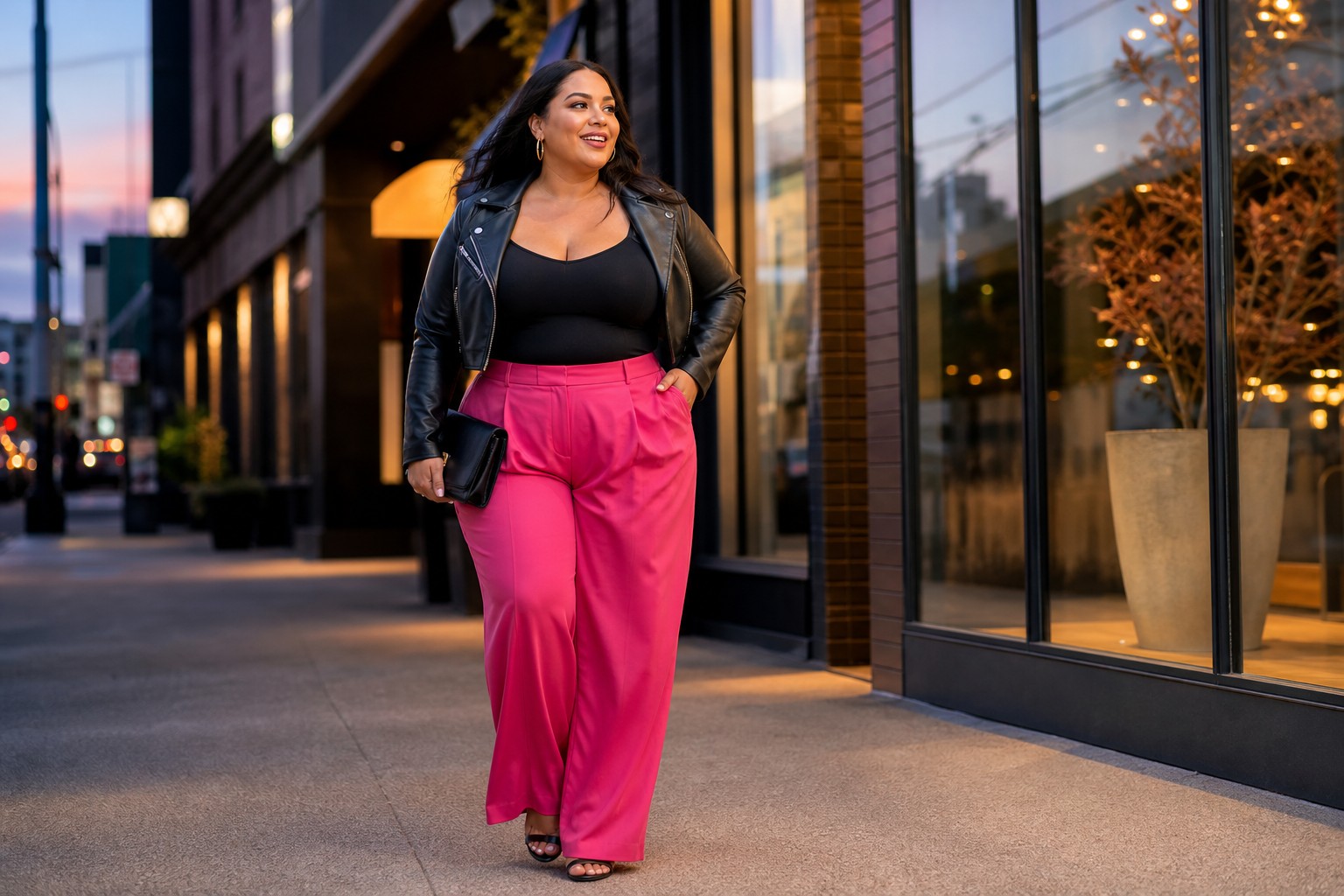 Woman in bright trousers and a black top stepping out for an evening in the city