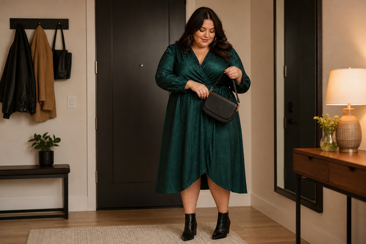 Woman in a jewel-tone midi dress getting ready for dinner