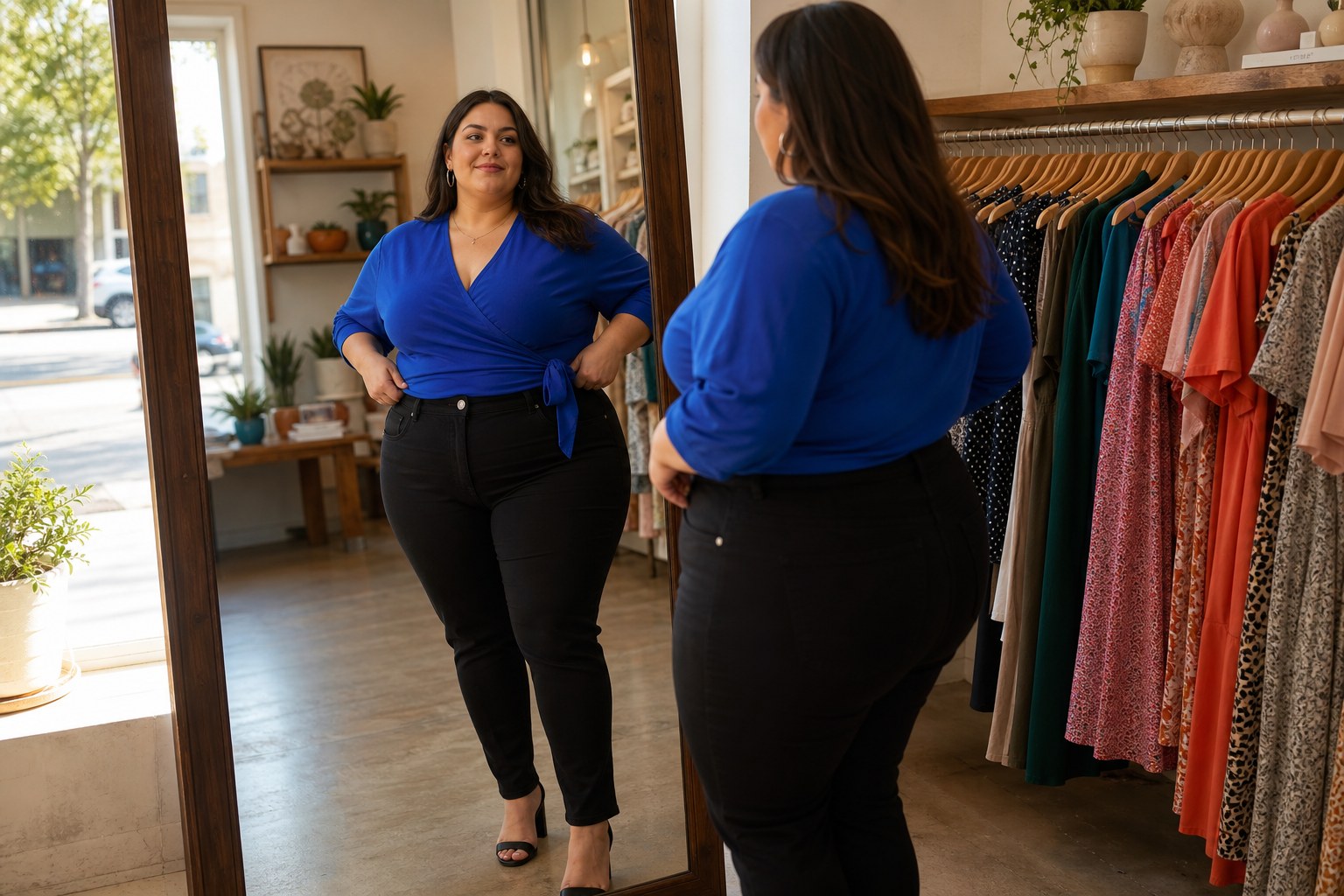 Woman in a cobalt wrap-style top and black jeans checking her outfit in a boutique mirror