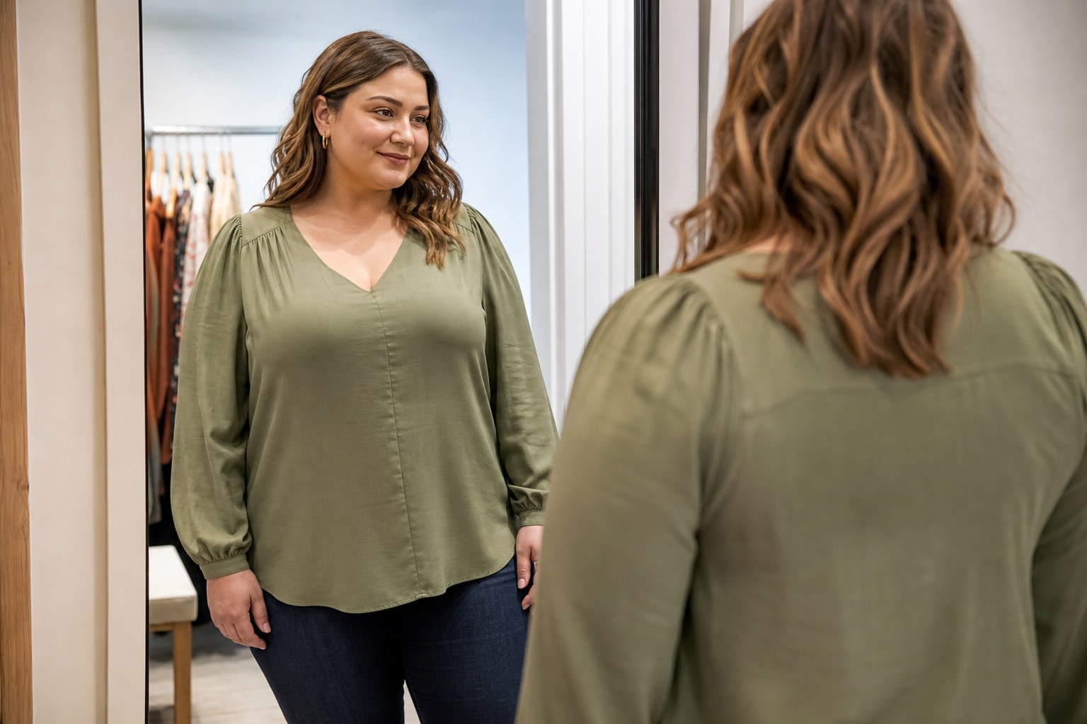 Woman checking the fit of an olive green V-neck blouse in a fitting-room mirror