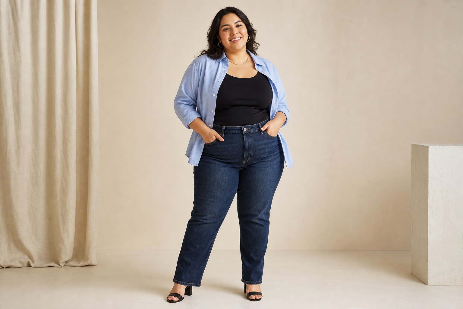 Woman styling a black tank with an open sky-blue shirt and dark jeans