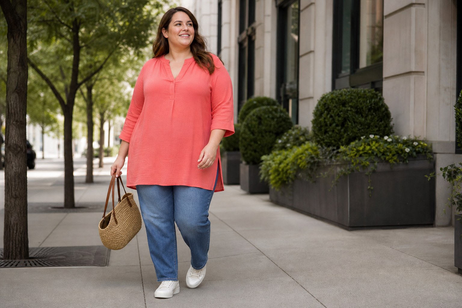 Woman wearing a coral tunic-style top with jeans and sneakers on a city sidewalk