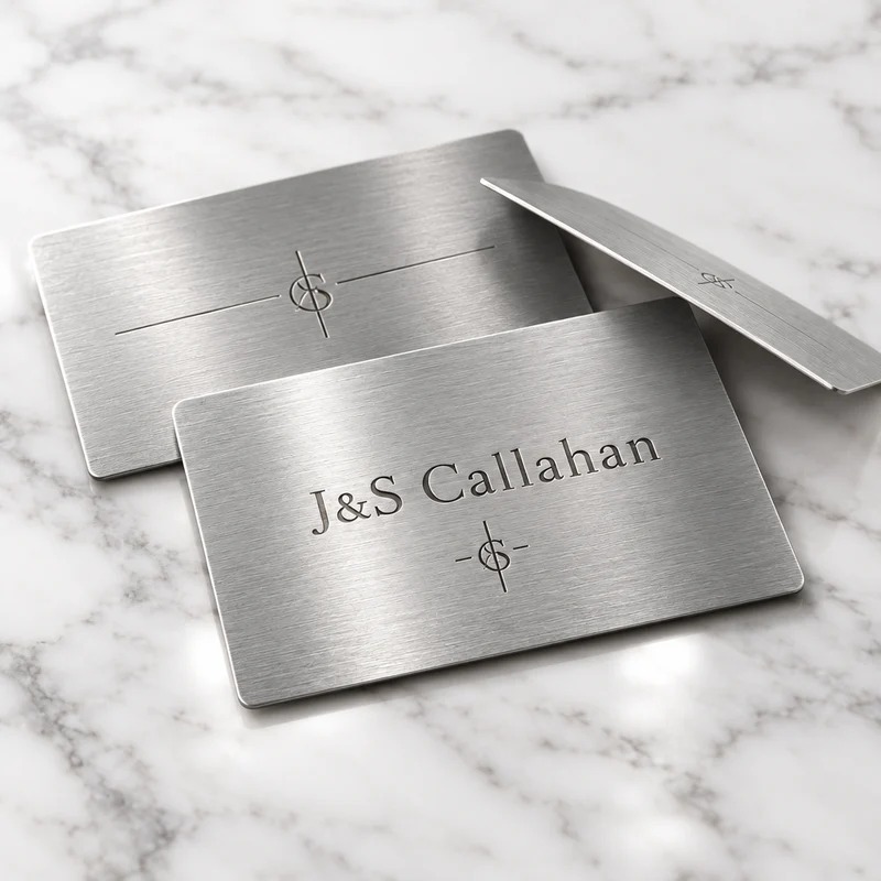 Silver aluminum business cards engraved with the J & S Callahan name on marble