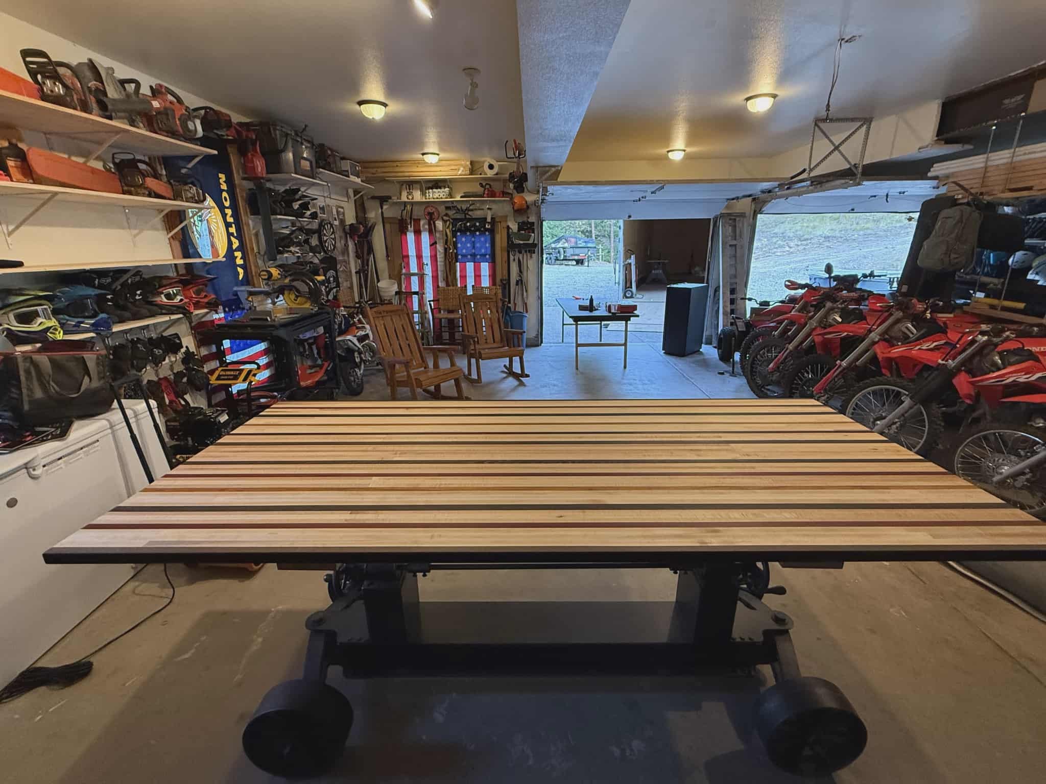 Striped hardwood worktable in the shop