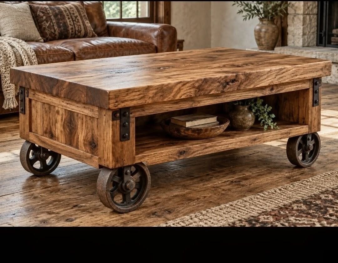 Rustic wood coffee table on wheels