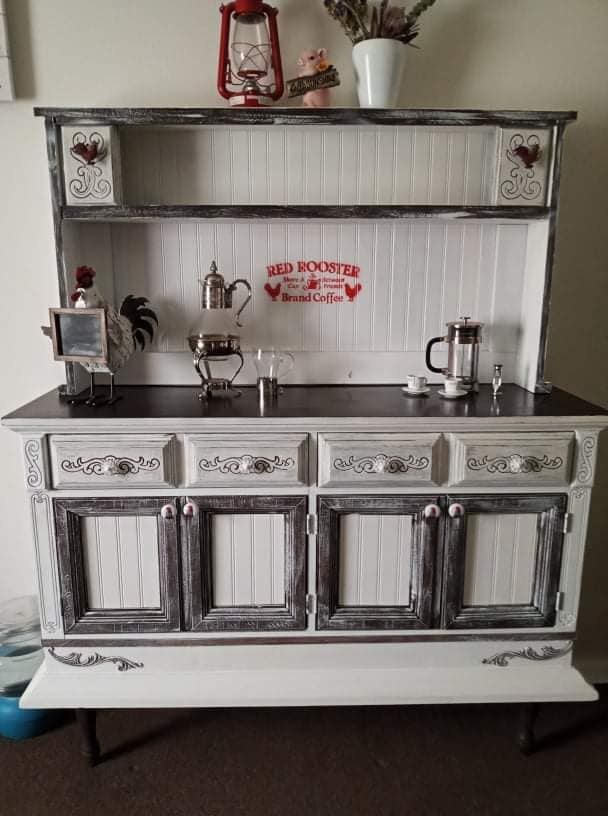 White rustic hutch with coffee station