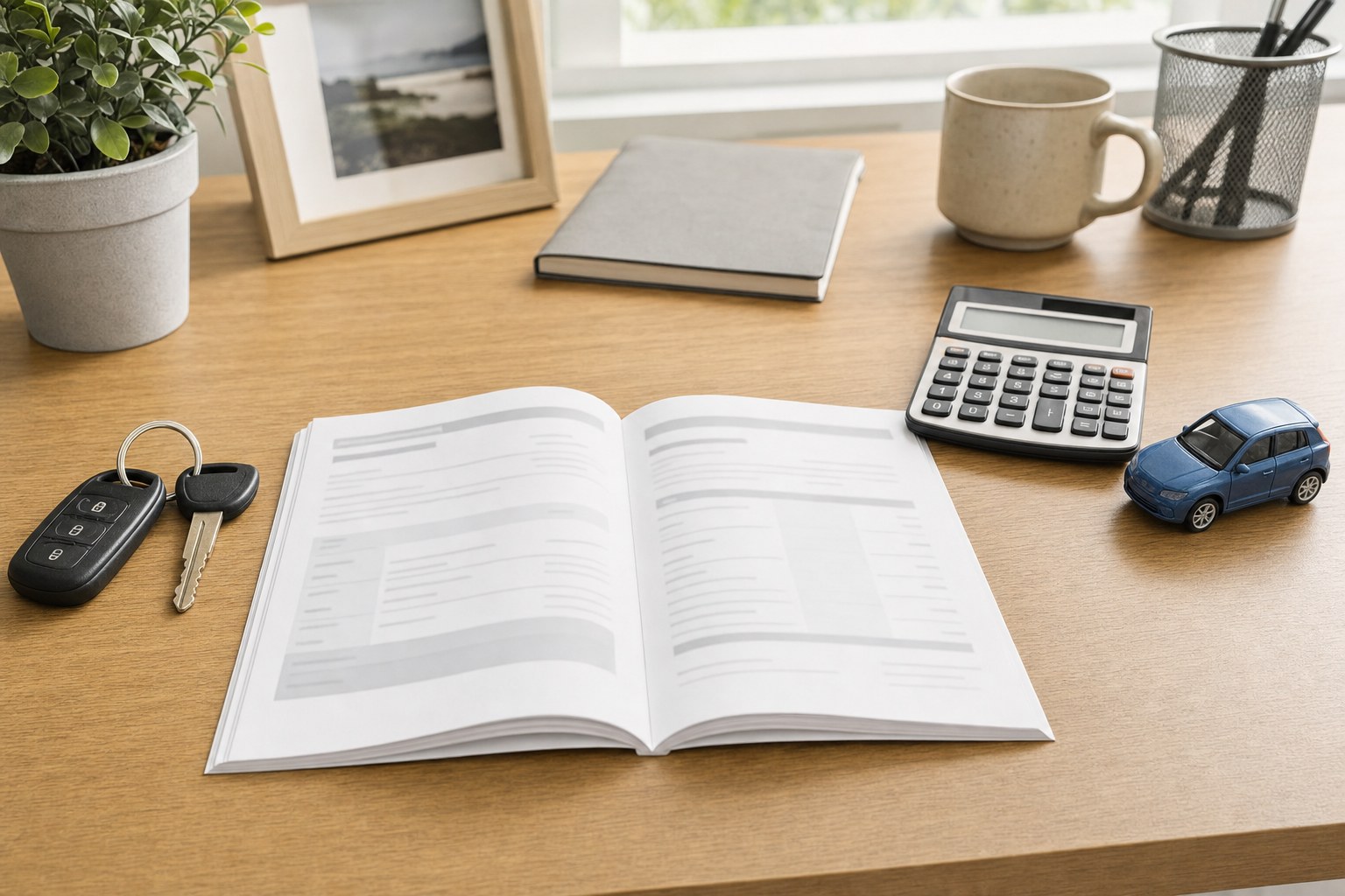 Car keys, a calculator, and an insurance policy on a desk