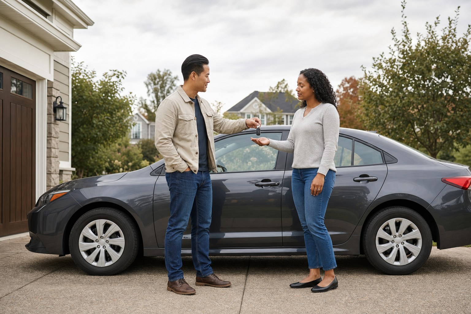 Two adults handing over car keys beside a sedan