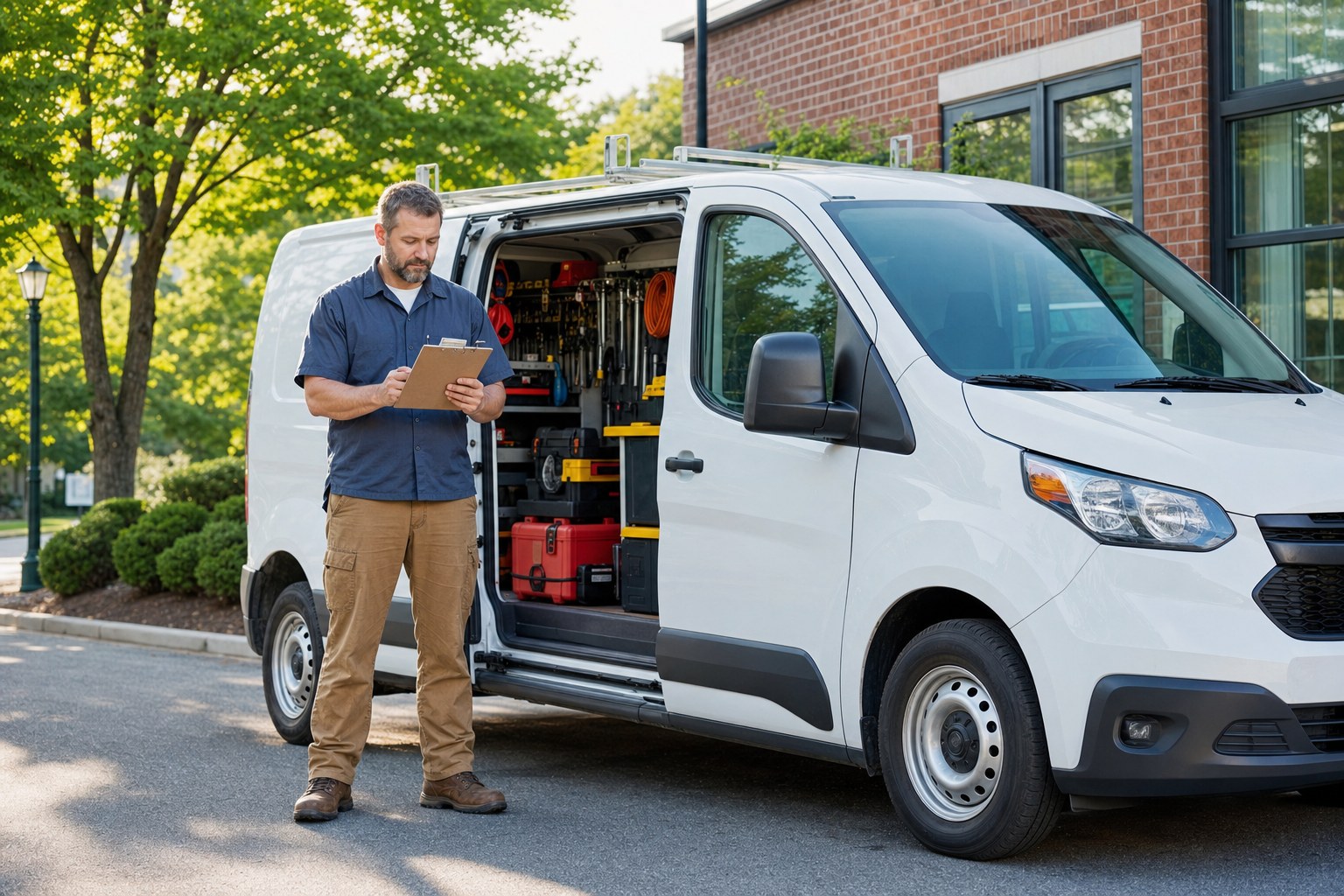Small-business owner checking a work van before starting the day