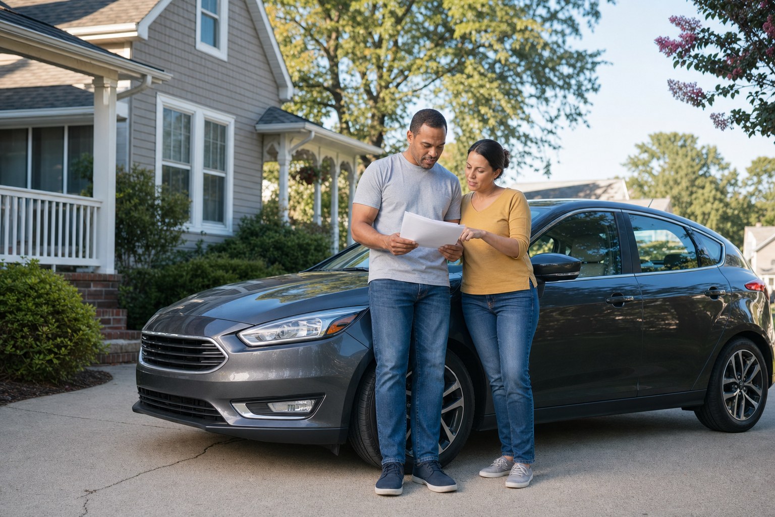 Couple reviewing auto insurance paperwork beside their car