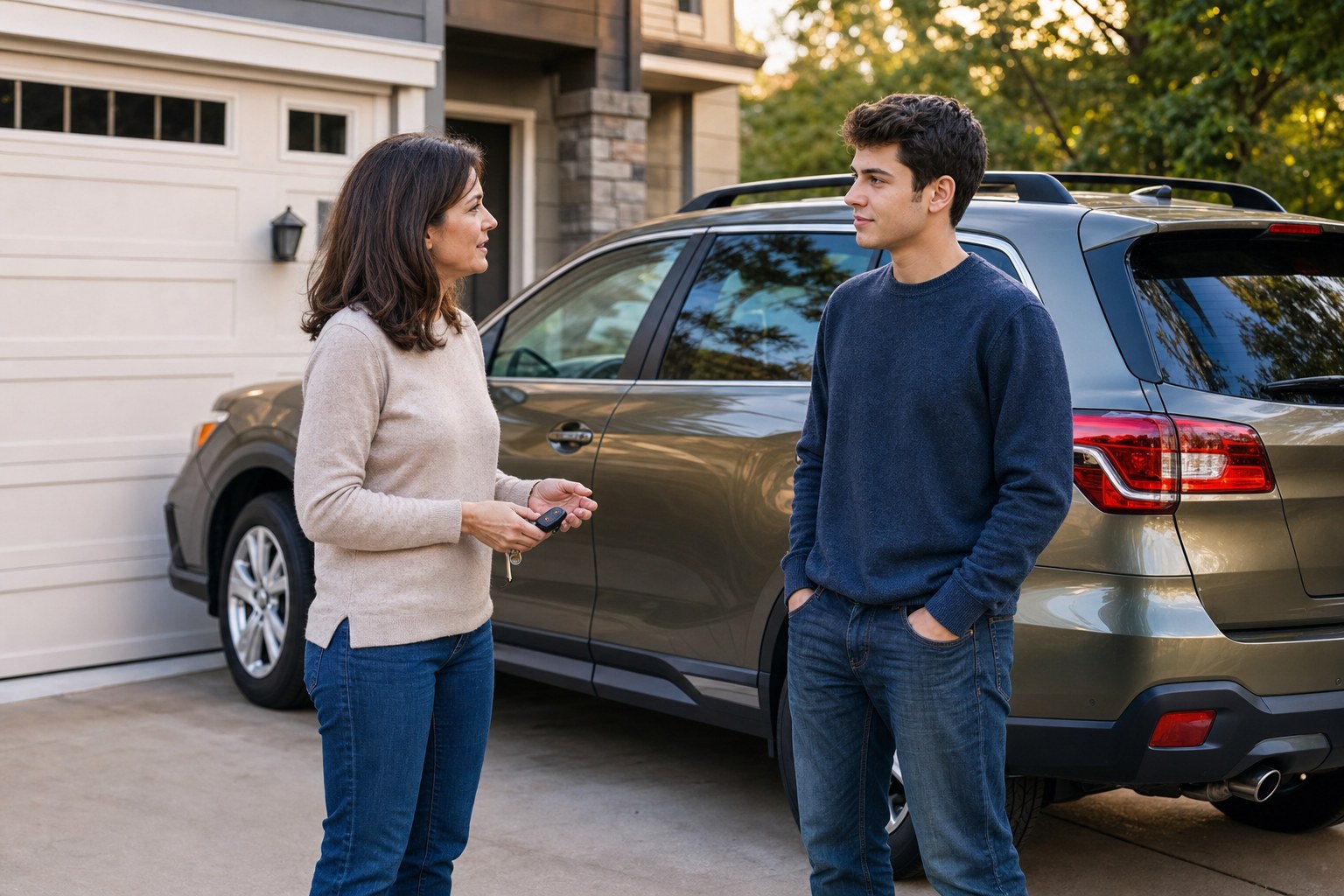 Parent and young adult discussing car keys beside an SUV