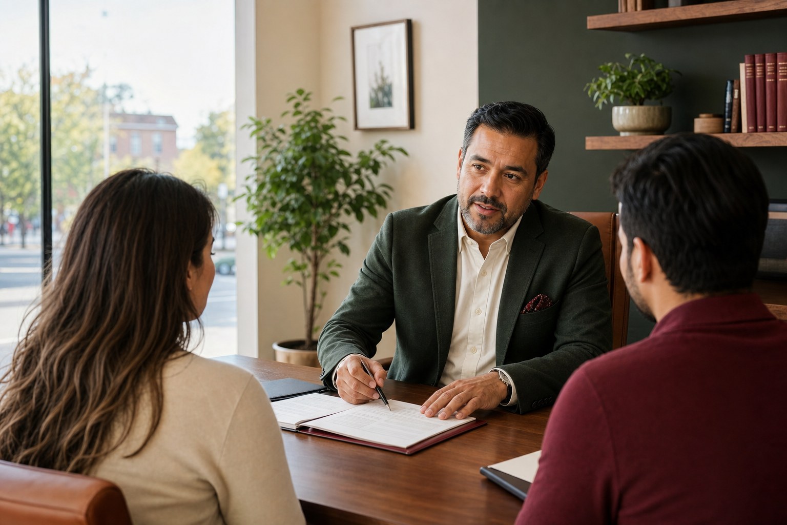 Insurance adviser reviewing coverage options with clients in an office