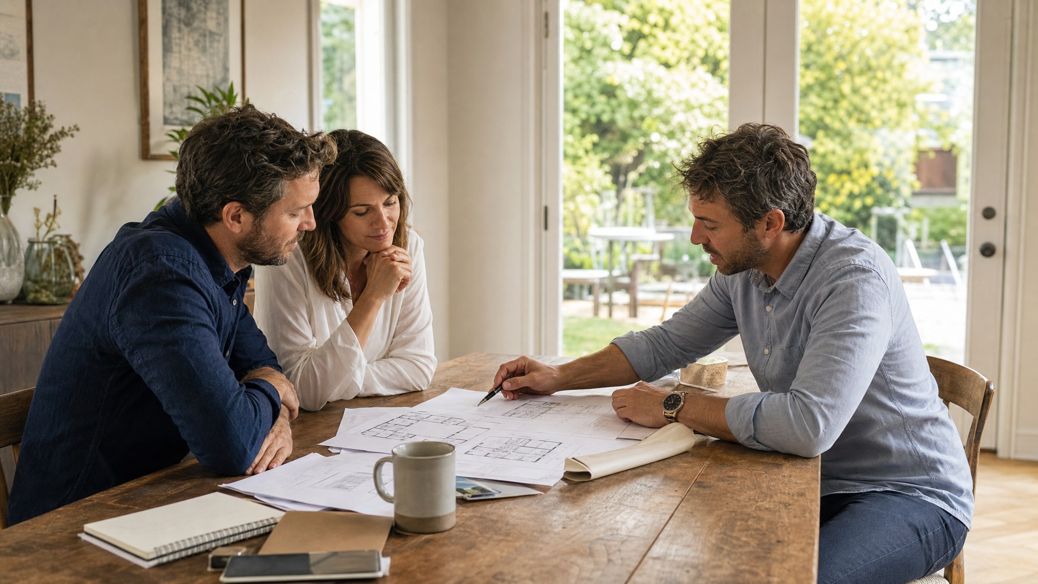 Homeowners reviewing renovation plans with an architect at a dining table