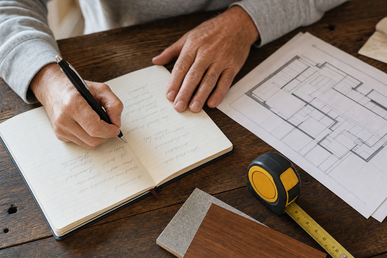 Homeowner listing renovation priorities beside a floor plan and material samples