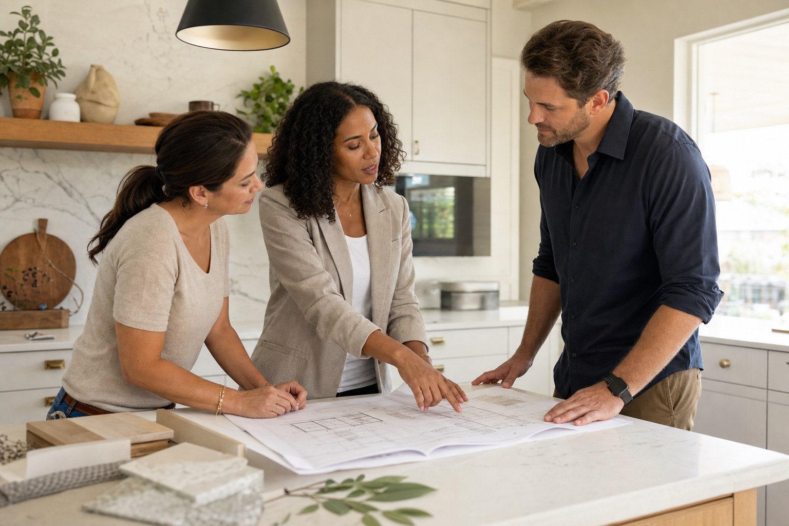 Homeowners, an architect, and a builder reviewing renovation plans together