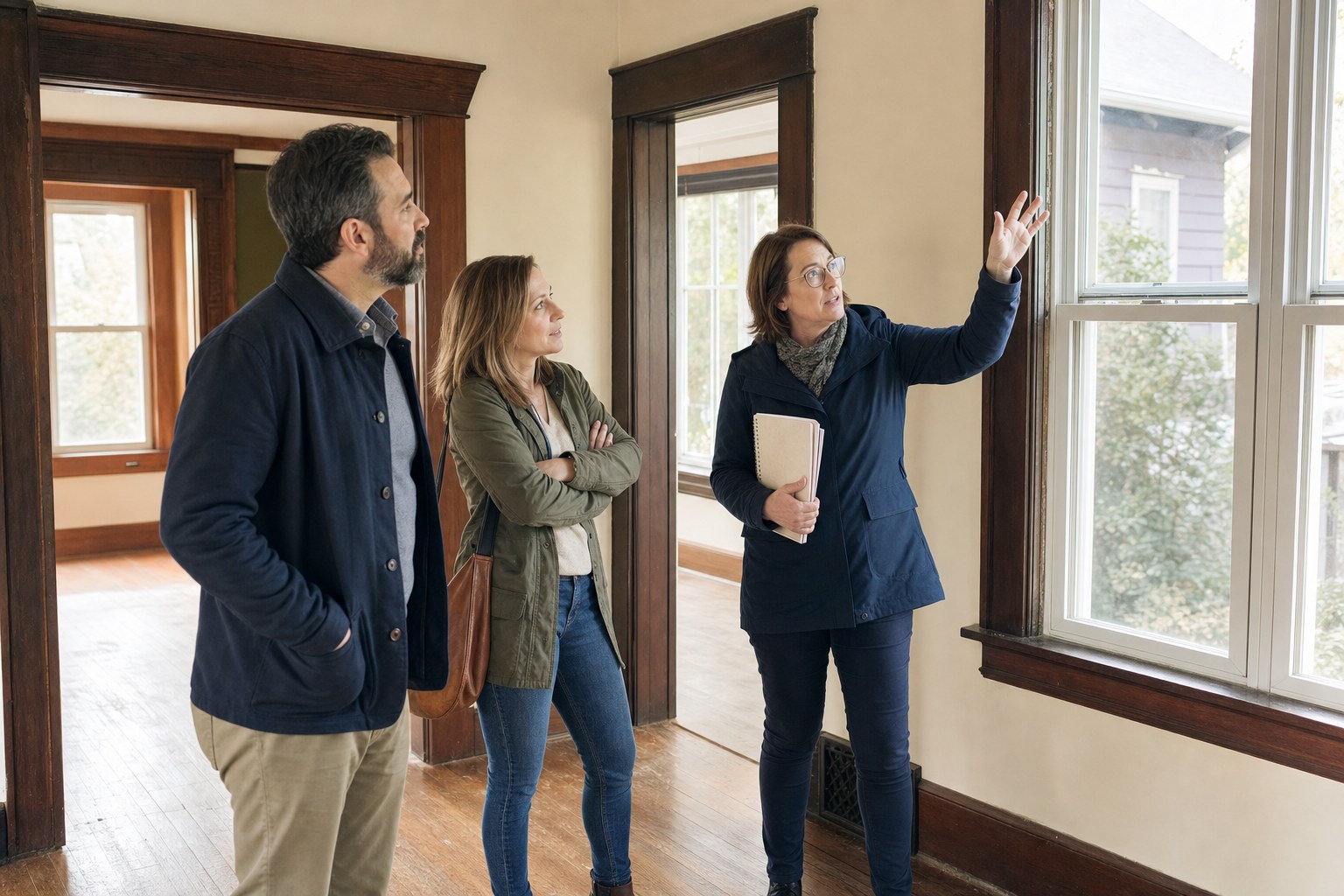 Architect walking through an older home with homeowners during early renovation planning