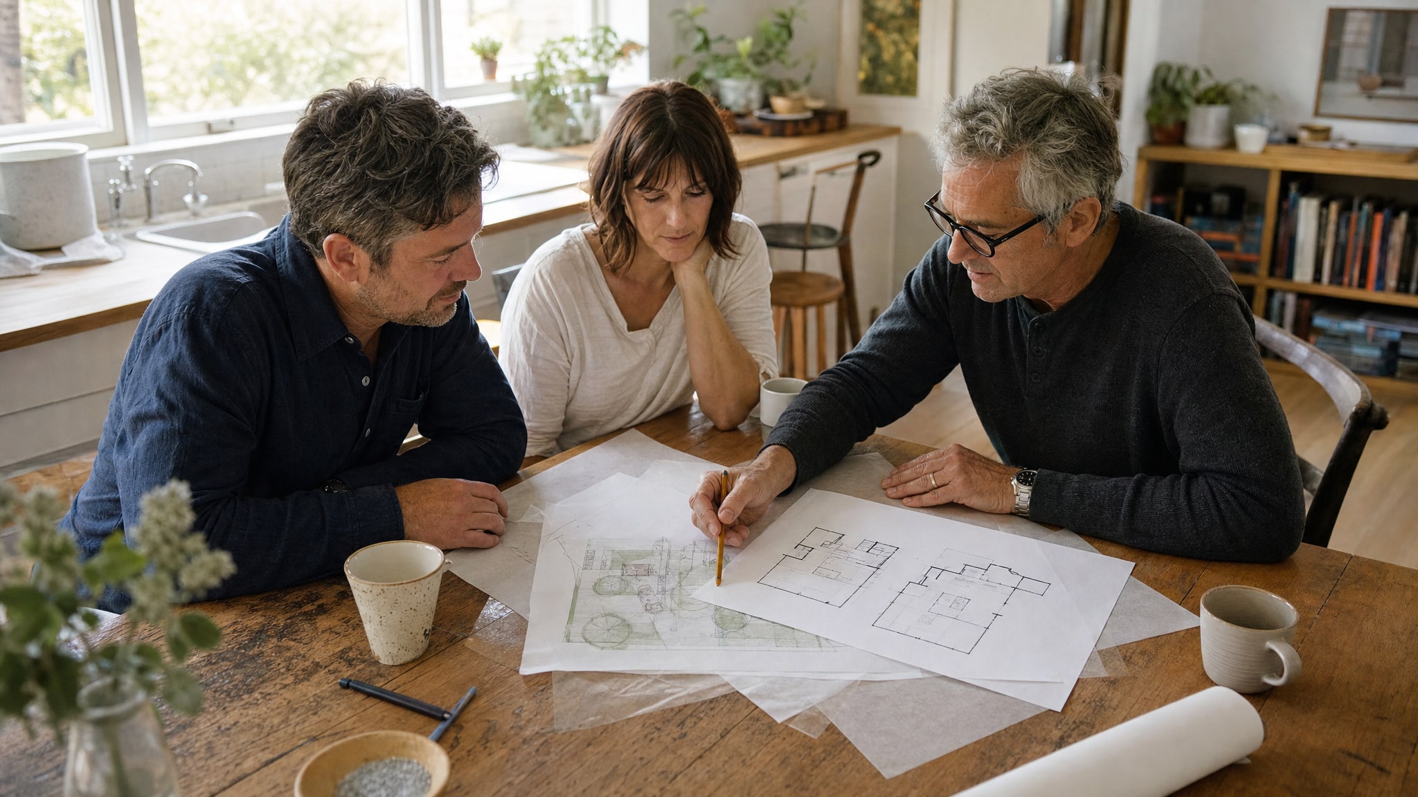 Architect and homeowners reviewing floor plan options at a sunlit kitchen table