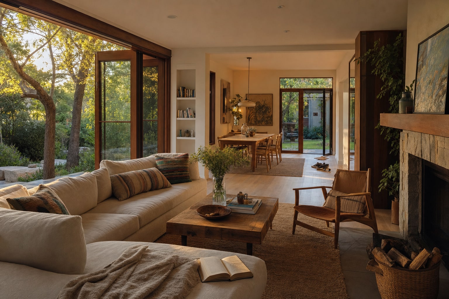 Warm living and dining spaces opening to a leafy garden