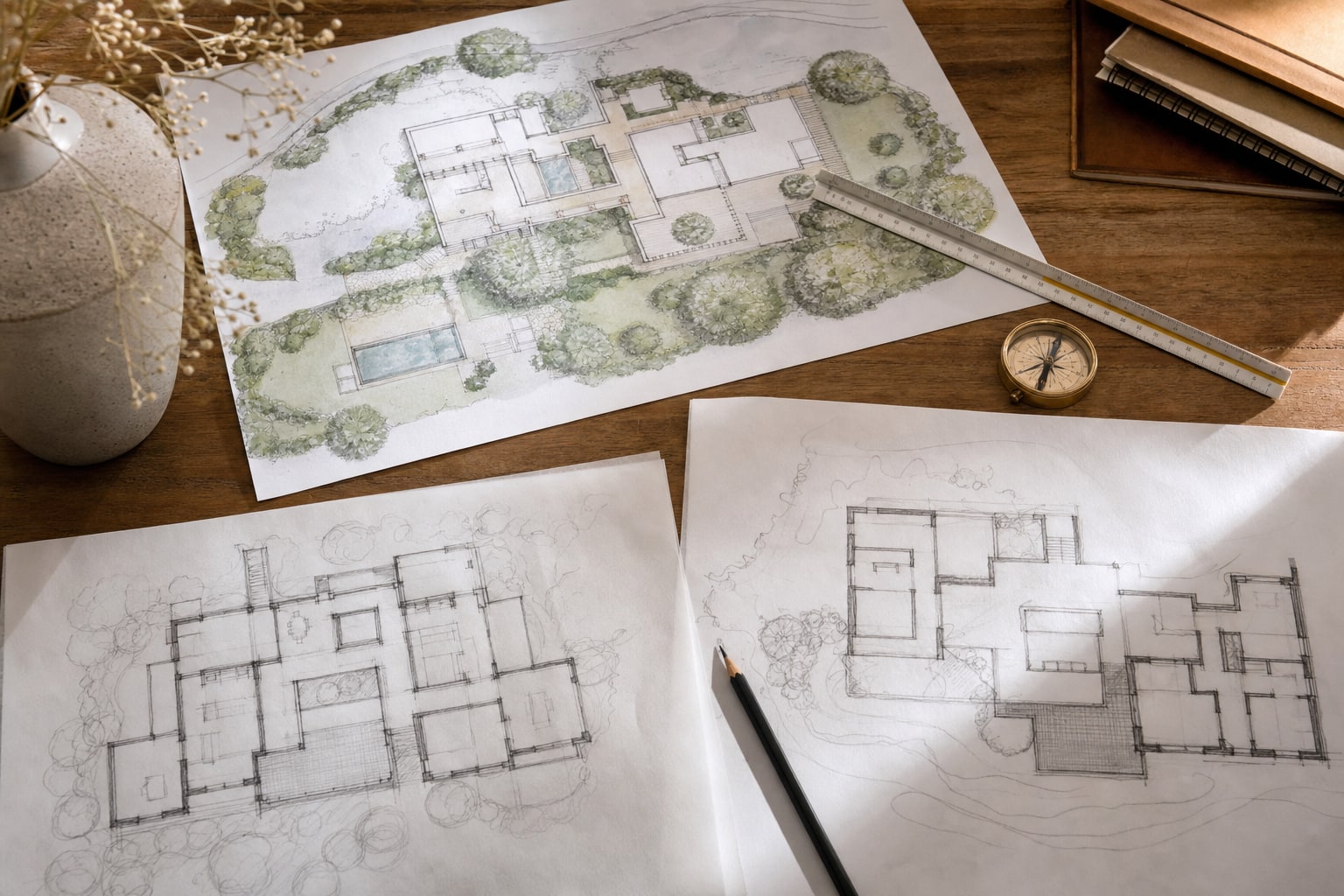 Custom home site plan and two early floor plan studies on a wood table