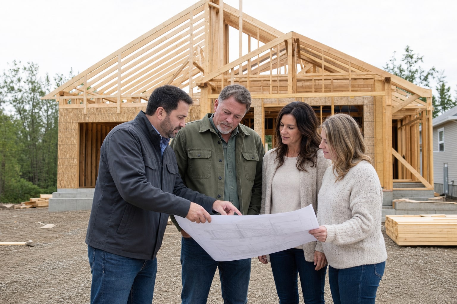 Architect, builder, and homeowners reviewing plans beside a framed custom home