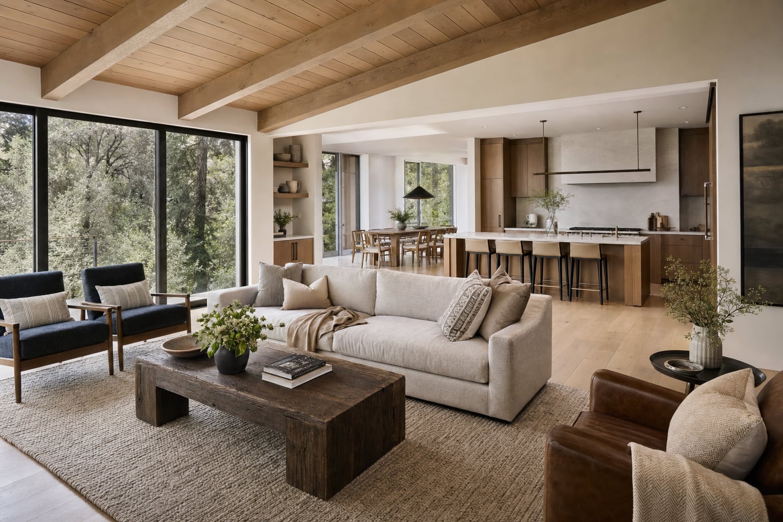 Warm custom living room, kitchen, and dining spaces open to a wooded view