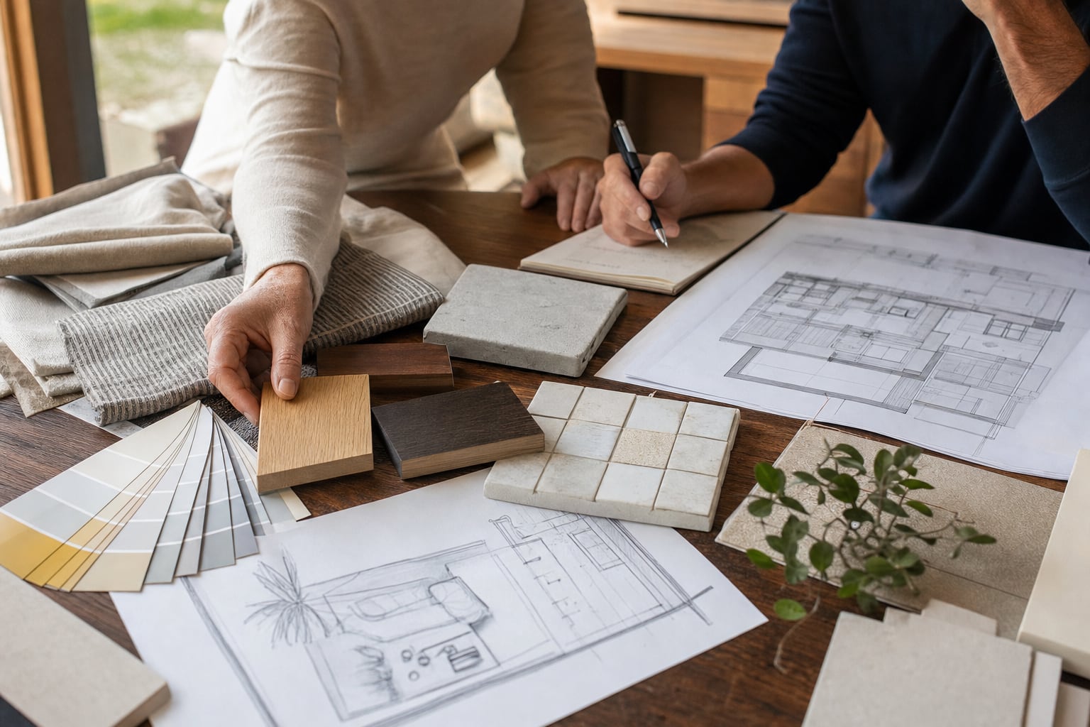 Homeowners and a designer reviewing tile, wood, fabric, and floor plan samples