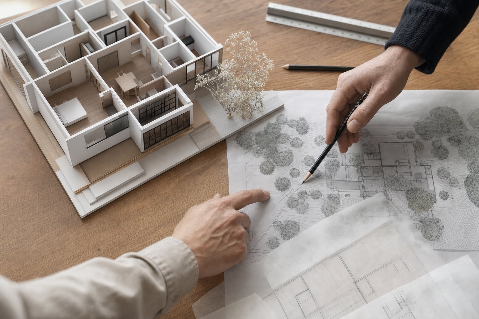 Scale model of a custom home beside a site plan and early sketches