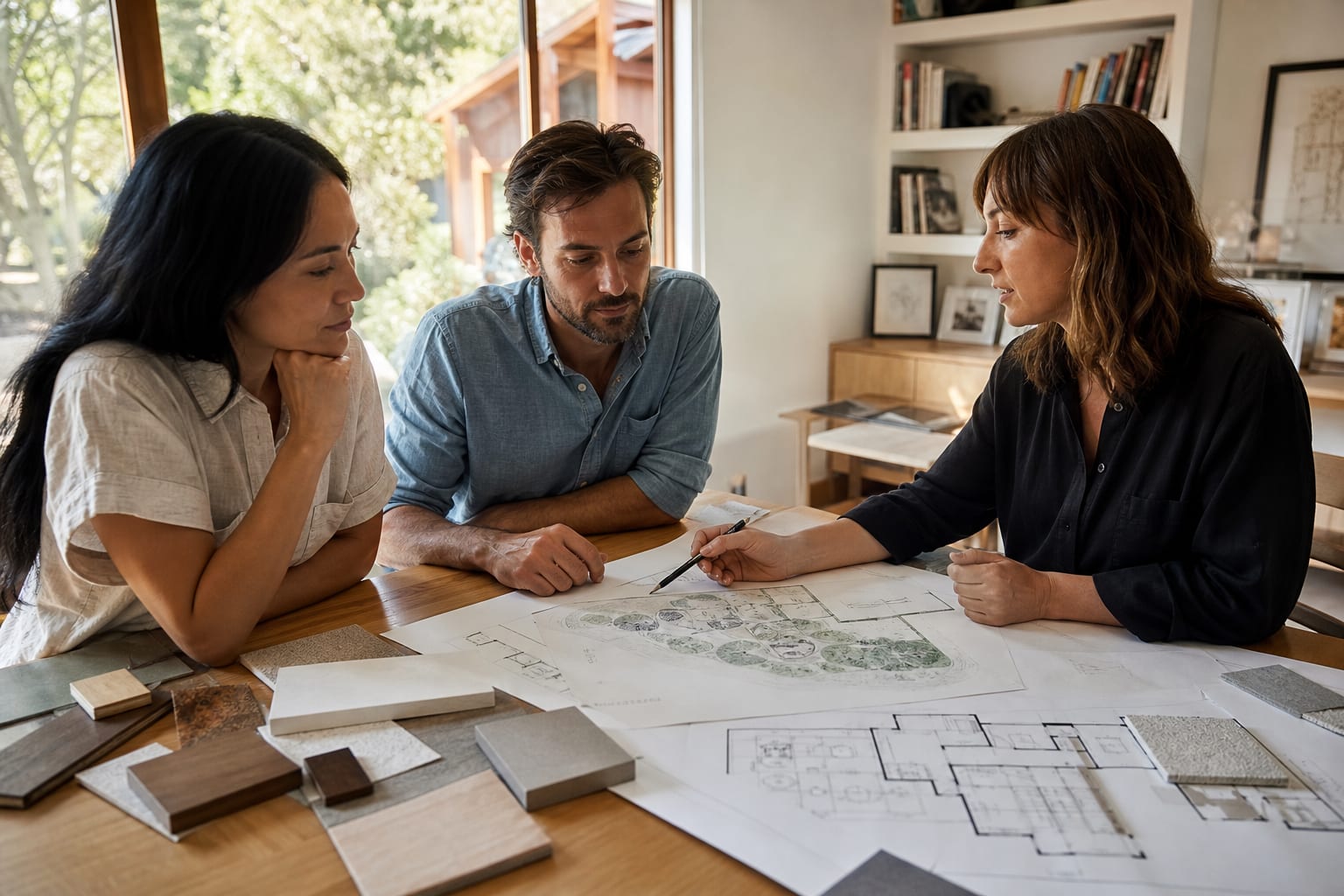 Homeowners reviewing a site plan and floor plan with a residential design professional