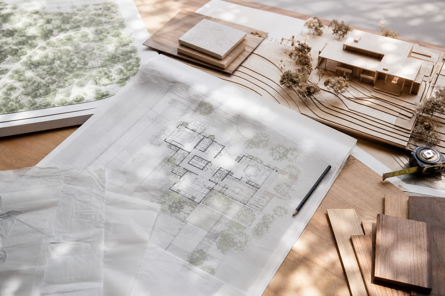 Site plan, floor plan, scale model, and material samples arranged for a home design review