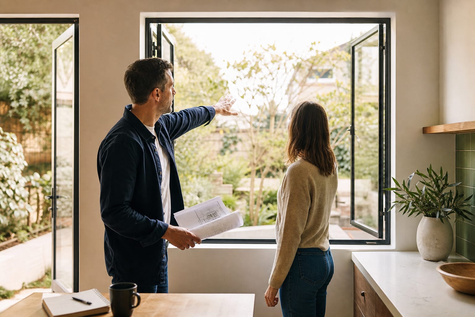 Homeowner and architect discussing daylight and garden views beside open windows